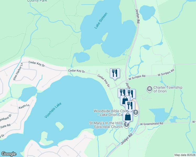 map of restaurants, bars, coffee shops, grocery stores, and more near 2457 Cedar Key Drive in Orion charter Township