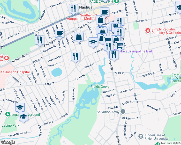 map of restaurants, bars, coffee shops, grocery stores, and more near 15 Lovell Street in Nashua