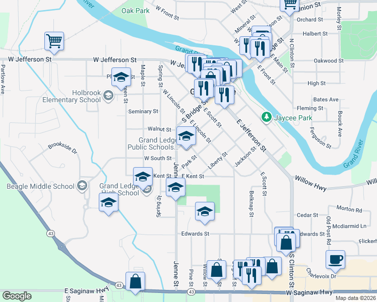 map of restaurants, bars, coffee shops, grocery stores, and more near 220 Lamson Street in Grand Ledge
