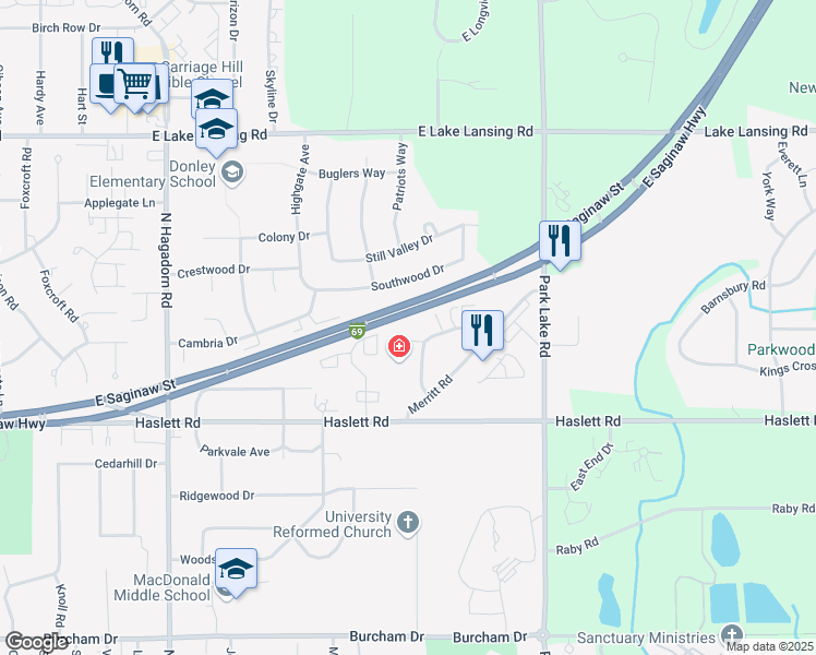 map of restaurants, bars, coffee shops, grocery stores, and more near 1551 East Lansing Drive in East Lansing