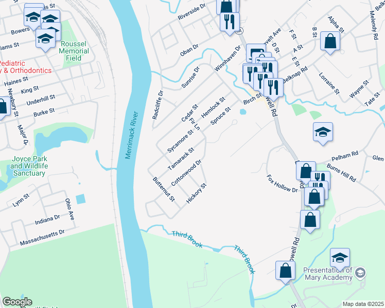 map of restaurants, bars, coffee shops, grocery stores, and more near 5 Cottonwood Drive in Hudson
