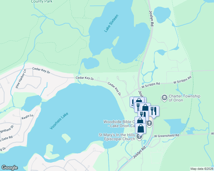 map of restaurants, bars, coffee shops, grocery stores, and more near 2457 Cedar Key Dr in Lake Orion