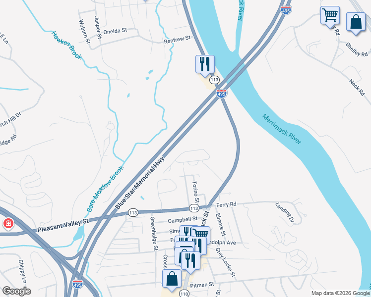 map of restaurants, bars, coffee shops, grocery stores, and more near 3 Village Lane in Methuen