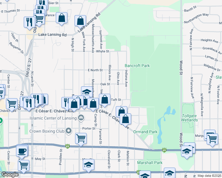 map of restaurants, bars, coffee shops, grocery stores, and more near 1414 Illinois Avenue in Lansing