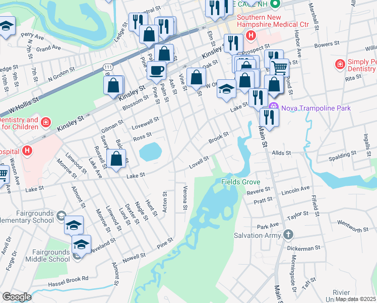 map of restaurants, bars, coffee shops, grocery stores, and more near 55 Lake Street in Nashua