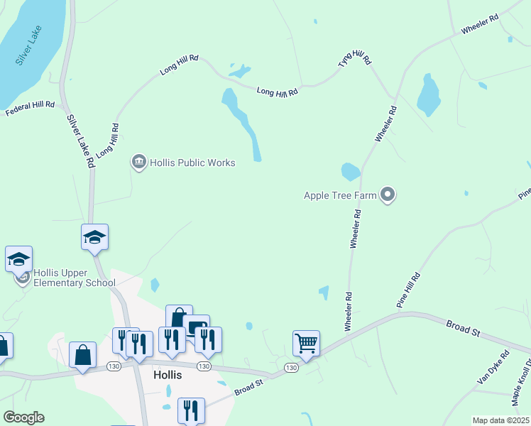 map of restaurants, bars, coffee shops, grocery stores, and more near 2-64 Wheeler Rd in Hollis