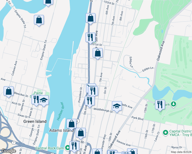 map of restaurants, bars, coffee shops, grocery stores, and more near 3165 6th Avenue in Troy