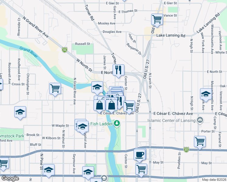 map of restaurants, bars, coffee shops, grocery stores, and more near 1408 Dodge River Drive in Lansing