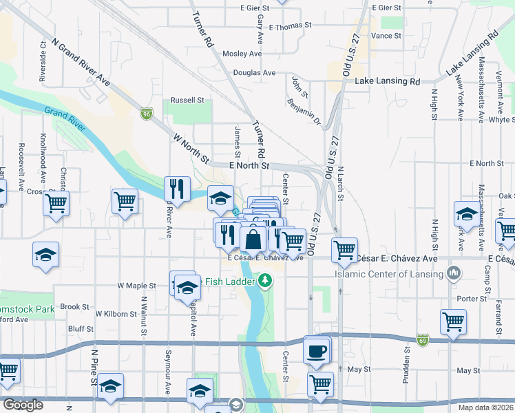 map of restaurants, bars, coffee shops, grocery stores, and more near 1408 Dodge River Drive in Lansing