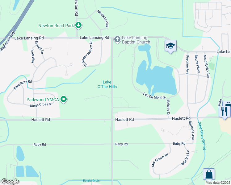 map of restaurants, bars, coffee shops, grocery stores, and more near 5816 Okemos Road in Meridian charter Township