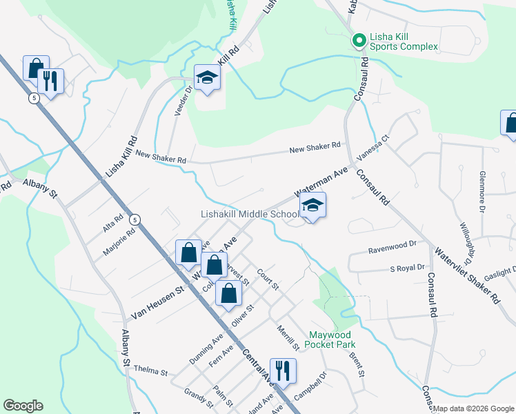 map of restaurants, bars, coffee shops, grocery stores, and more near 61 Waterman Avenue in Albany