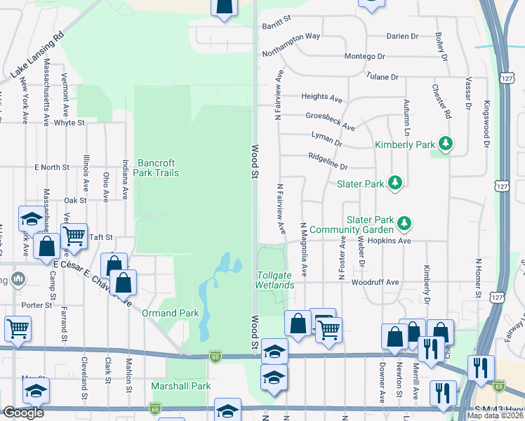 map of restaurants, bars, coffee shops, grocery stores, and more near 1412 Wood Street in Lansing