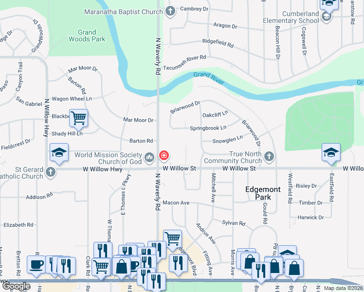 map of restaurants, bars, coffee shops, grocery stores, and more near 1421 Shaffer Court in Lansing
