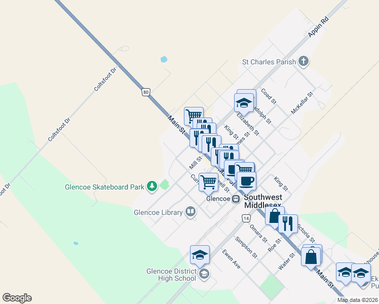 map of restaurants, bars, coffee shops, grocery stores, and more near 267 Main Street in Glencoe
