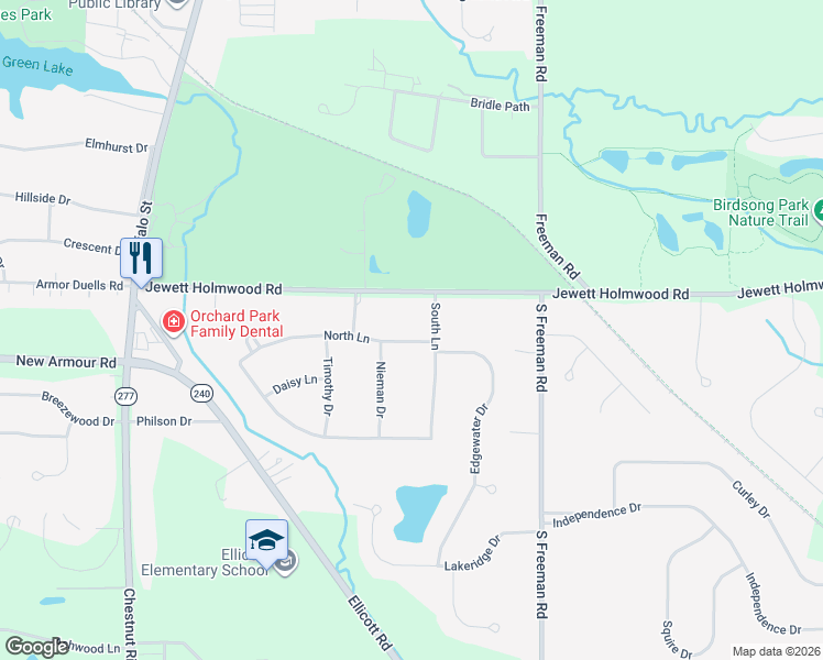 map of restaurants, bars, coffee shops, grocery stores, and more near 12 South Lane in Orchard Park