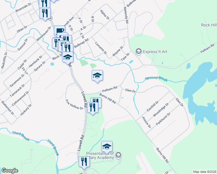 map of restaurants, bars, coffee shops, grocery stores, and more near 14 Pelham Road in Hudson