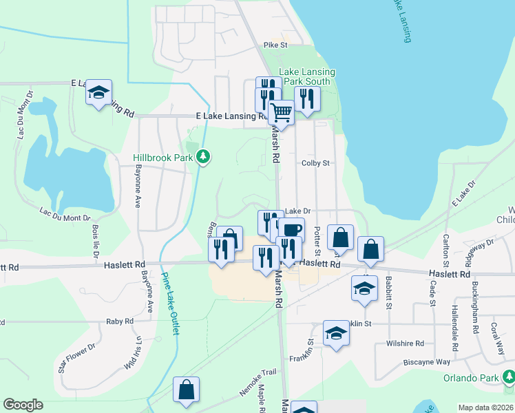 map of restaurants, bars, coffee shops, grocery stores, and more near 1626 Lake Drive in Meridian charter Township