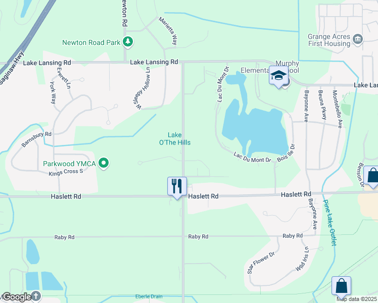 map of restaurants, bars, coffee shops, grocery stores, and more near 5816 Okemos Road in Meridian charter Township