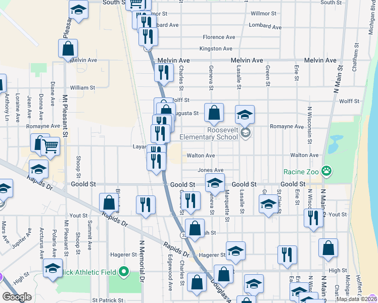map of restaurants, bars, coffee shops, grocery stores, and more near 2317 Charles Street in Racine
