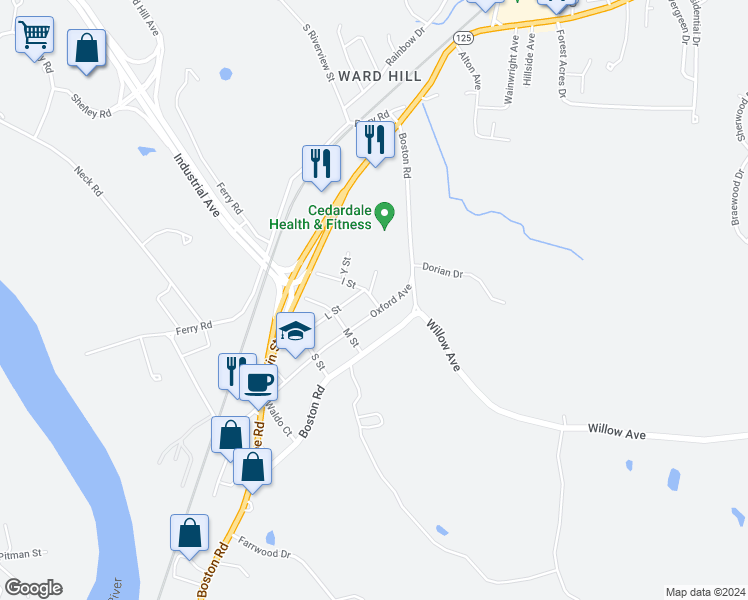 map of restaurants, bars, coffee shops, grocery stores, and more near 21 I Street in Haverhill