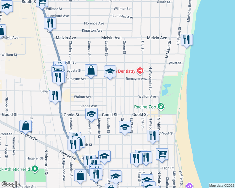 map of restaurants, bars, coffee shops, grocery stores, and more near 2307 Superior Street in Racine