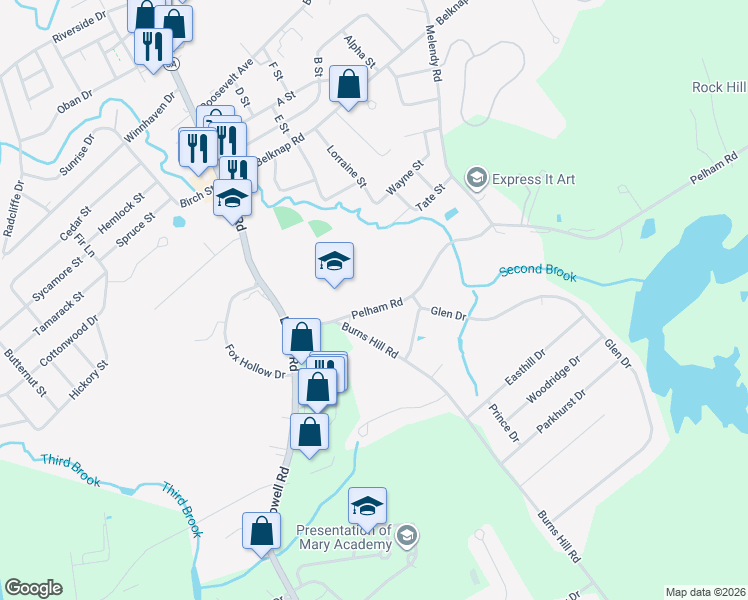 map of restaurants, bars, coffee shops, grocery stores, and more near 14 Pelham Road in Hudson