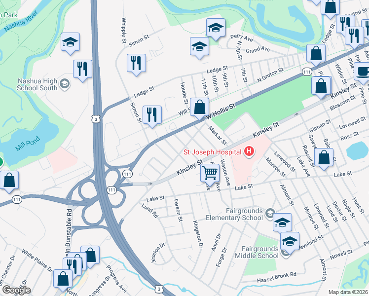 map of restaurants, bars, coffee shops, grocery stores, and more near 7 Joffre Street in Nashua