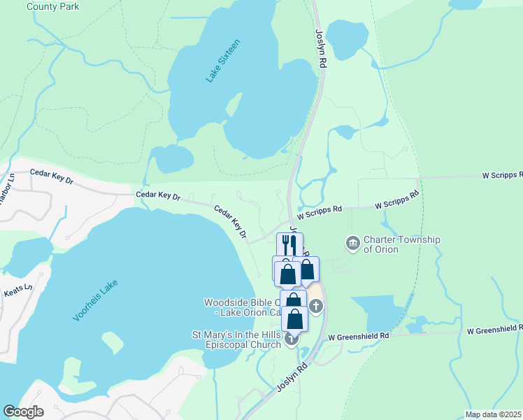 map of restaurants, bars, coffee shops, grocery stores, and more near 1889 Hunters Lane in Orion charter Township