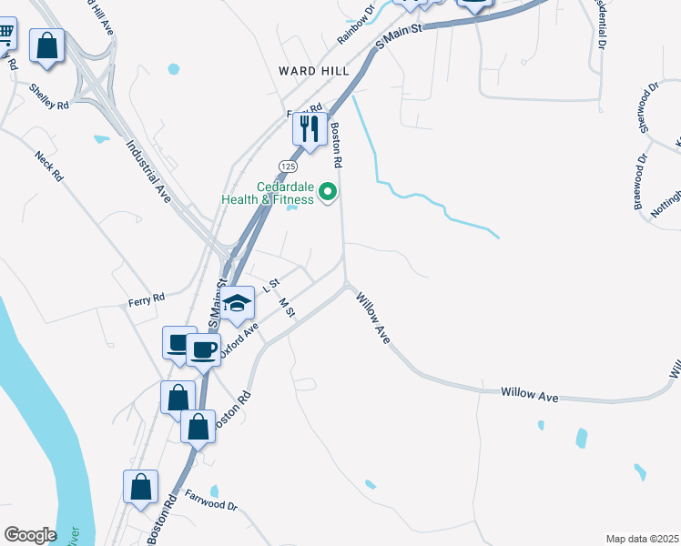 map of restaurants, bars, coffee shops, grocery stores, and more near 6 Oxford Avenue in Haverhill