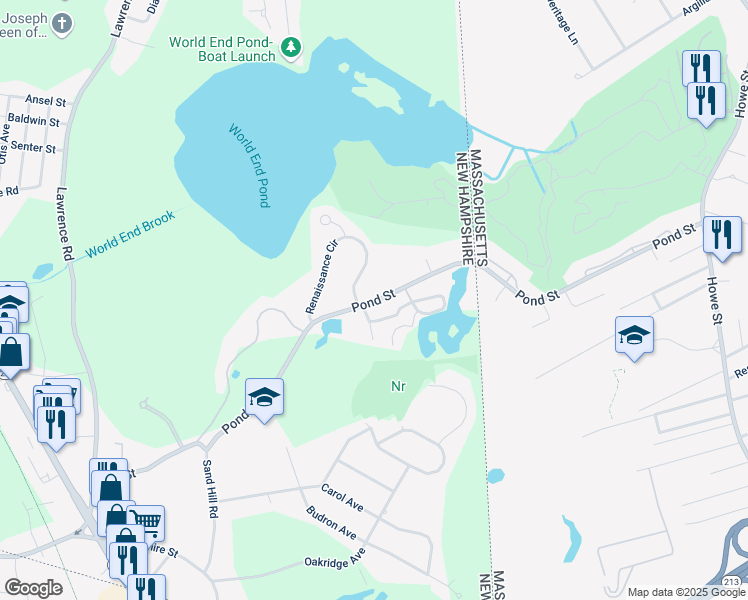map of restaurants, bars, coffee shops, grocery stores, and more near 83 Pond Street in Salem