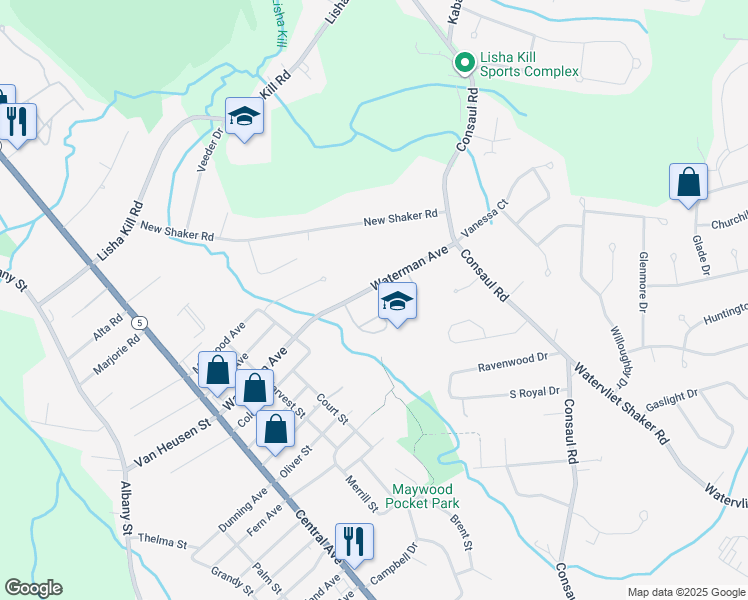 map of restaurants, bars, coffee shops, grocery stores, and more near 78 Waterman Avenue in Albany