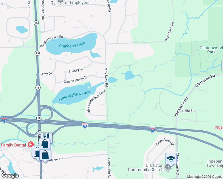 map of restaurants, bars, coffee shops, grocery stores, and more near 7580 Perry Lake Road in Clarkston