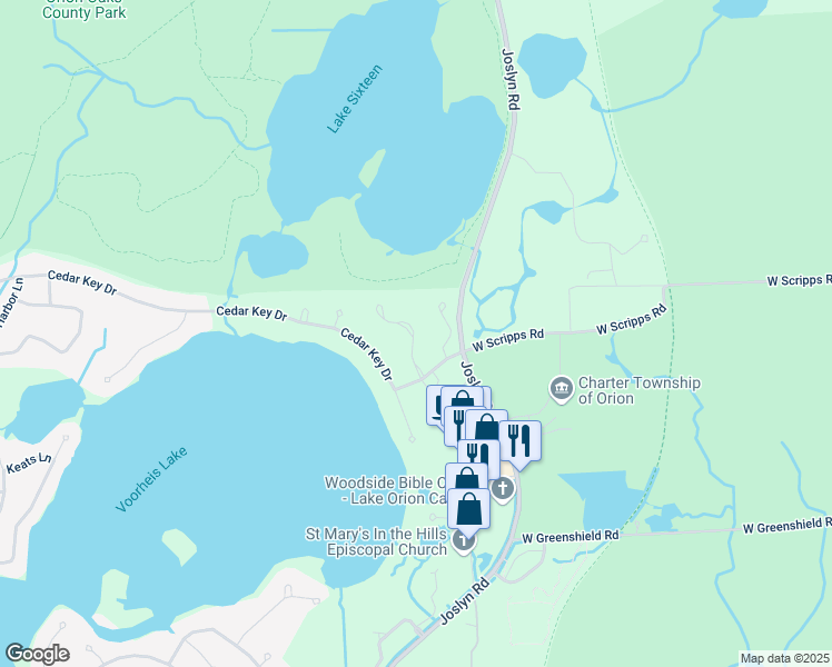 map of restaurants, bars, coffee shops, grocery stores, and more near 1889 Hunters Lane in Orion charter Township