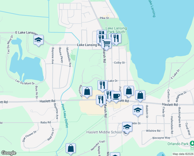 map of restaurants, bars, coffee shops, grocery stores, and more near 1626 Lake Drive in Meridian charter Township