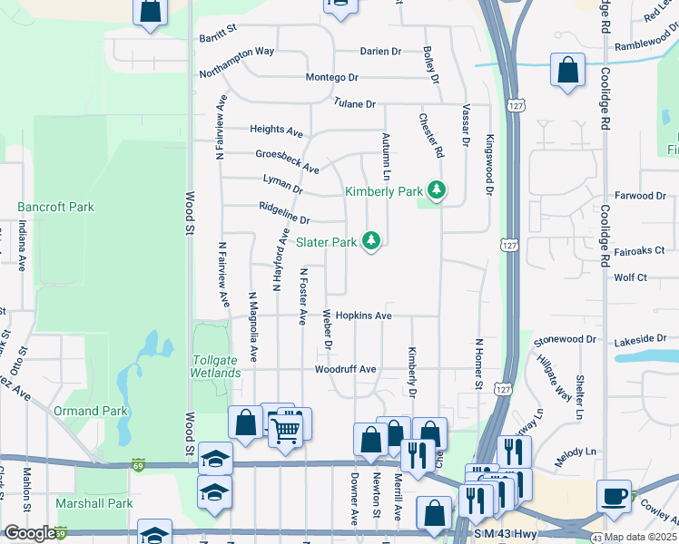 map of restaurants, bars, coffee shops, grocery stores, and more near 1503 Gay Lane in Lansing