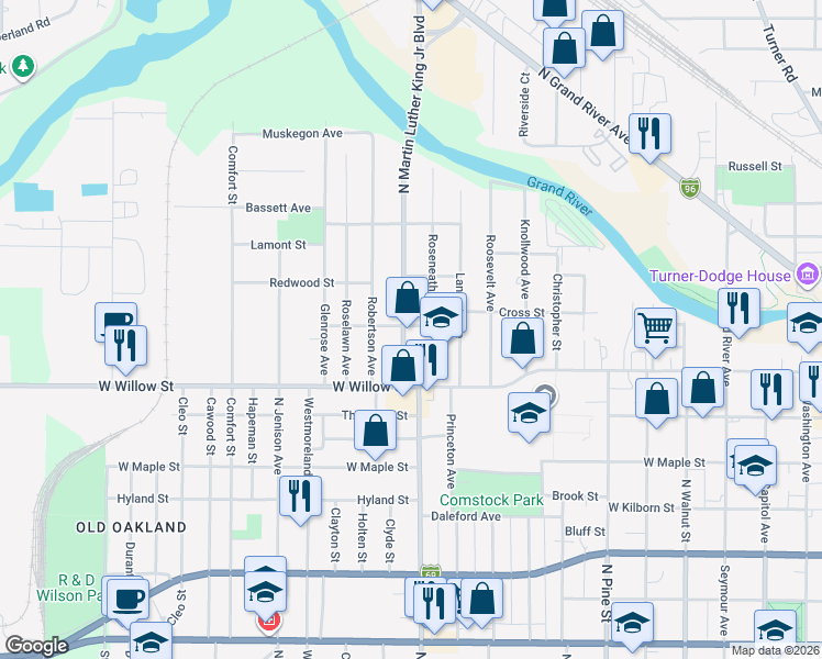 map of restaurants, bars, coffee shops, grocery stores, and more near 1030 Ontario Street in Lansing