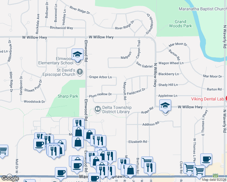 map of restaurants, bars, coffee shops, grocery stores, and more near 4904 Plum Hollow Drive in Lansing