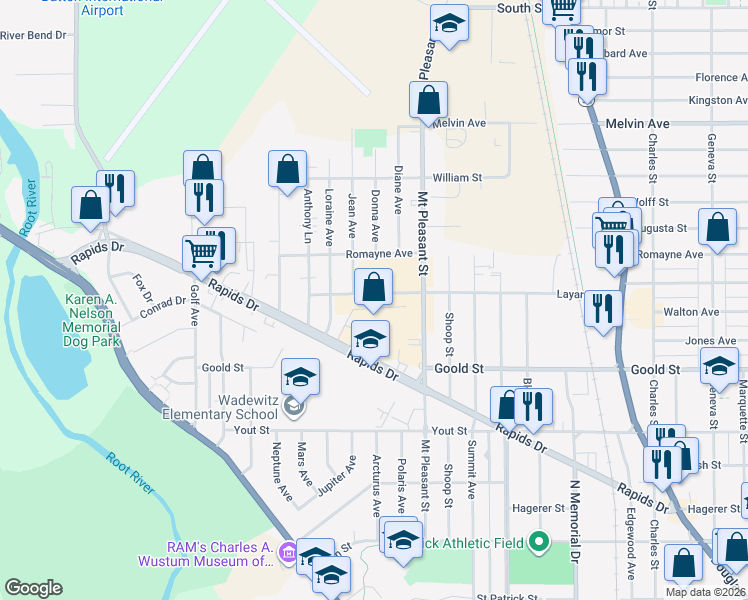 map of restaurants, bars, coffee shops, grocery stores, and more near in Racine