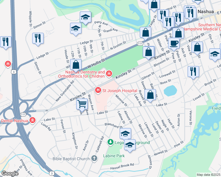 map of restaurants, bars, coffee shops, grocery stores, and more near 172 New Hampshire 111 in Nashua