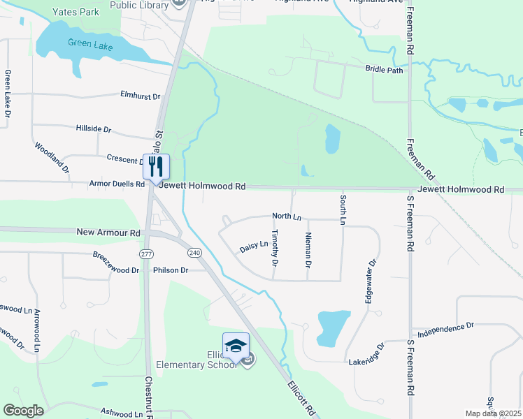 map of restaurants, bars, coffee shops, grocery stores, and more near 54 North Lane in Orchard Park