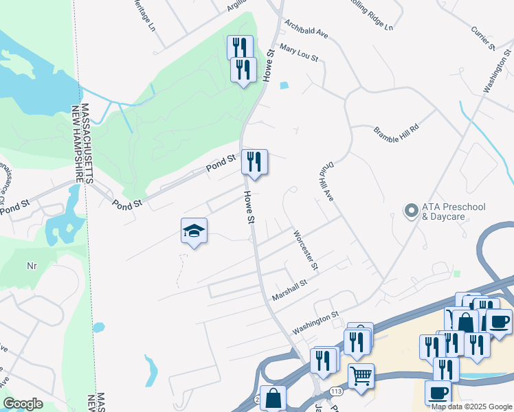 map of restaurants, bars, coffee shops, grocery stores, and more near 139 Howe Street in Methuen