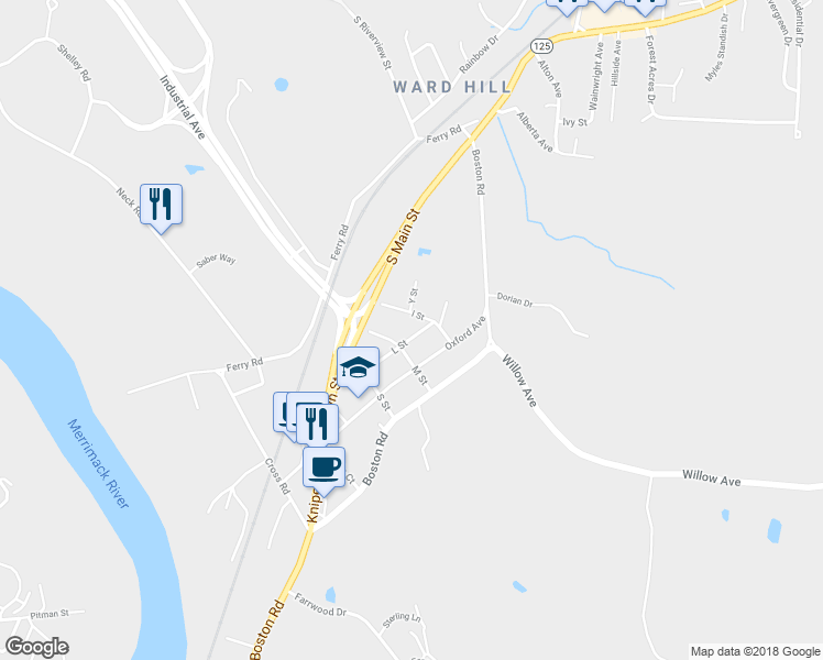 map of restaurants, bars, coffee shops, grocery stores, and more near 59 L Street in Haverhill
