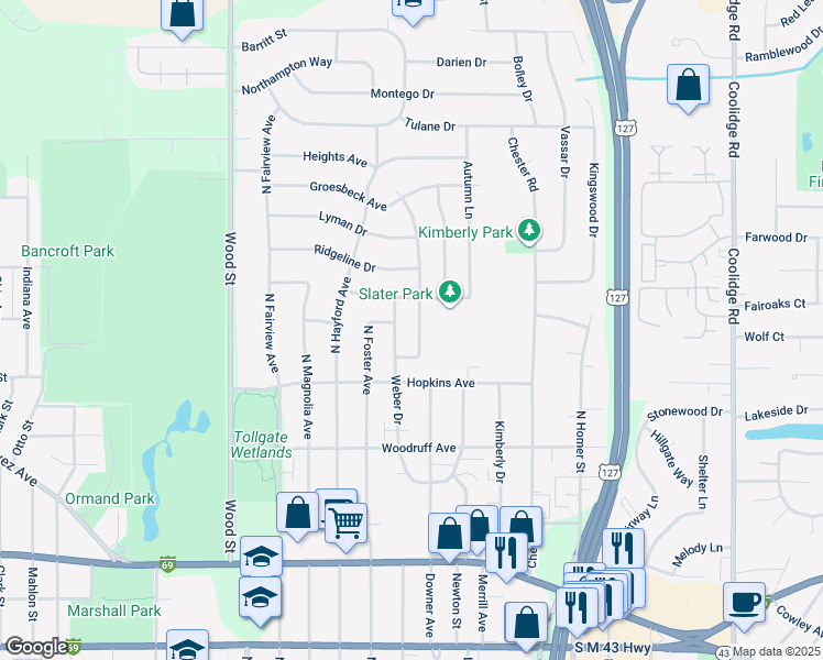 map of restaurants, bars, coffee shops, grocery stores, and more near 1503 Gay Lane in Lansing