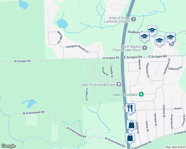 map of restaurants, bars, coffee shops, grocery stores, and more near 2096 Gunnison Street in Orion charter Township