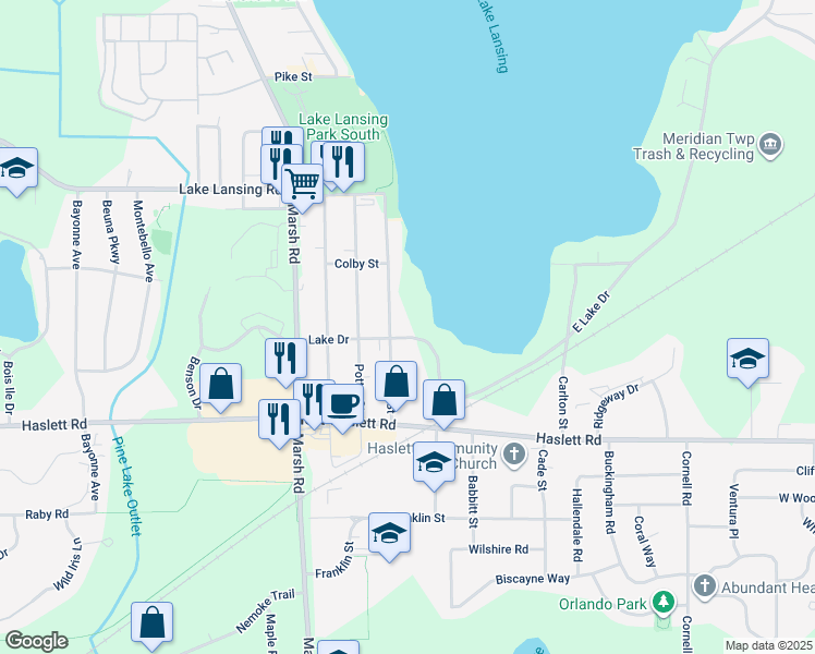 map of restaurants, bars, coffee shops, grocery stores, and more near 5852 Shaw Street in Meridian charter Township