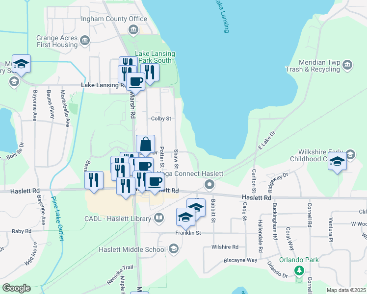 map of restaurants, bars, coffee shops, grocery stores, and more near 5852 Shaw Street in Meridian charter Township