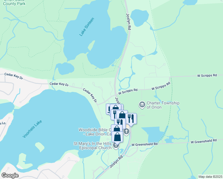 map of restaurants, bars, coffee shops, grocery stores, and more near 1910 Valley Lane in Orion charter Township