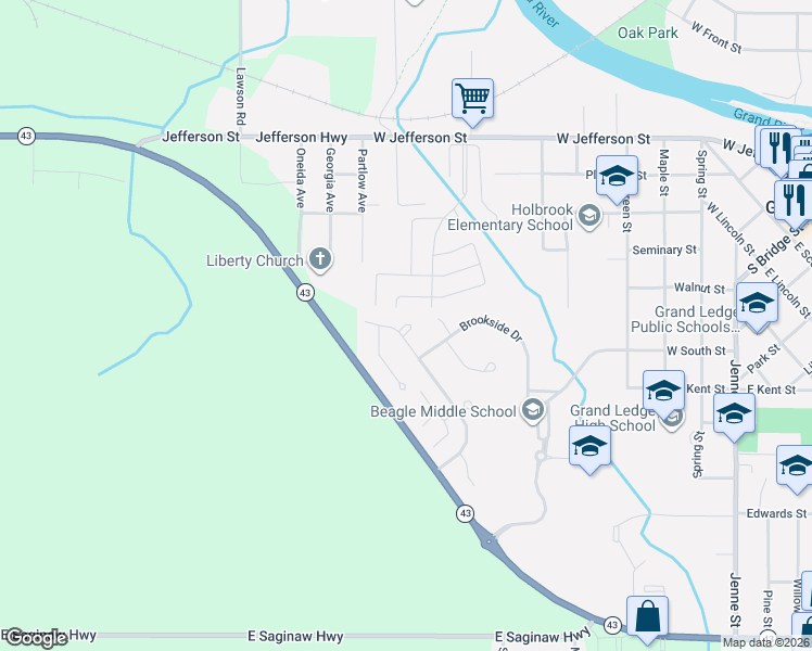 map of restaurants, bars, coffee shops, grocery stores, and more near 1211 Pennington Circle in Grand Ledge