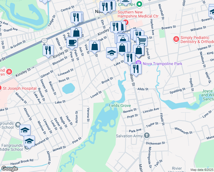 map of restaurants, bars, coffee shops, grocery stores, and more near 157 Chestnut Street in Nashua