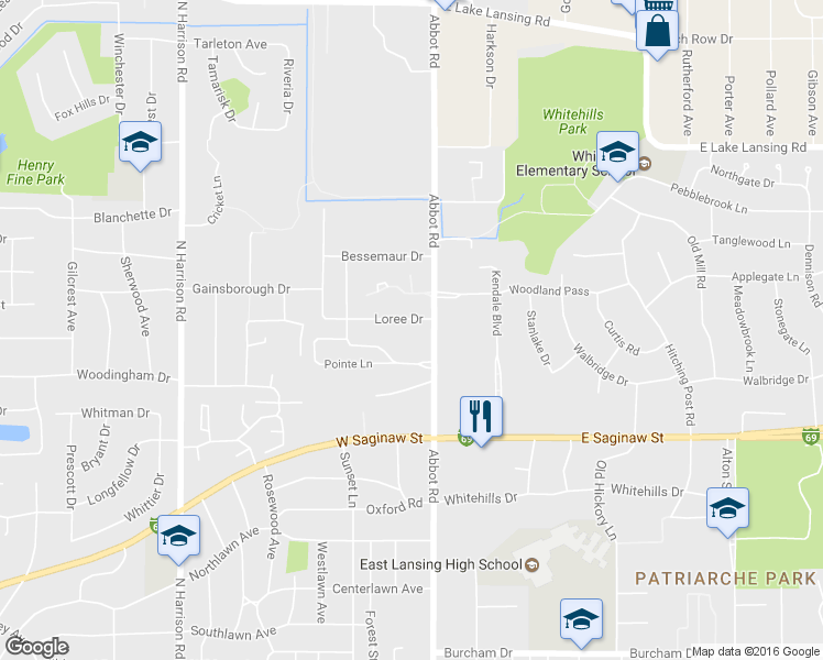map of restaurants, bars, coffee shops, grocery stores, and more near 117 Loree Dr in East Lansing